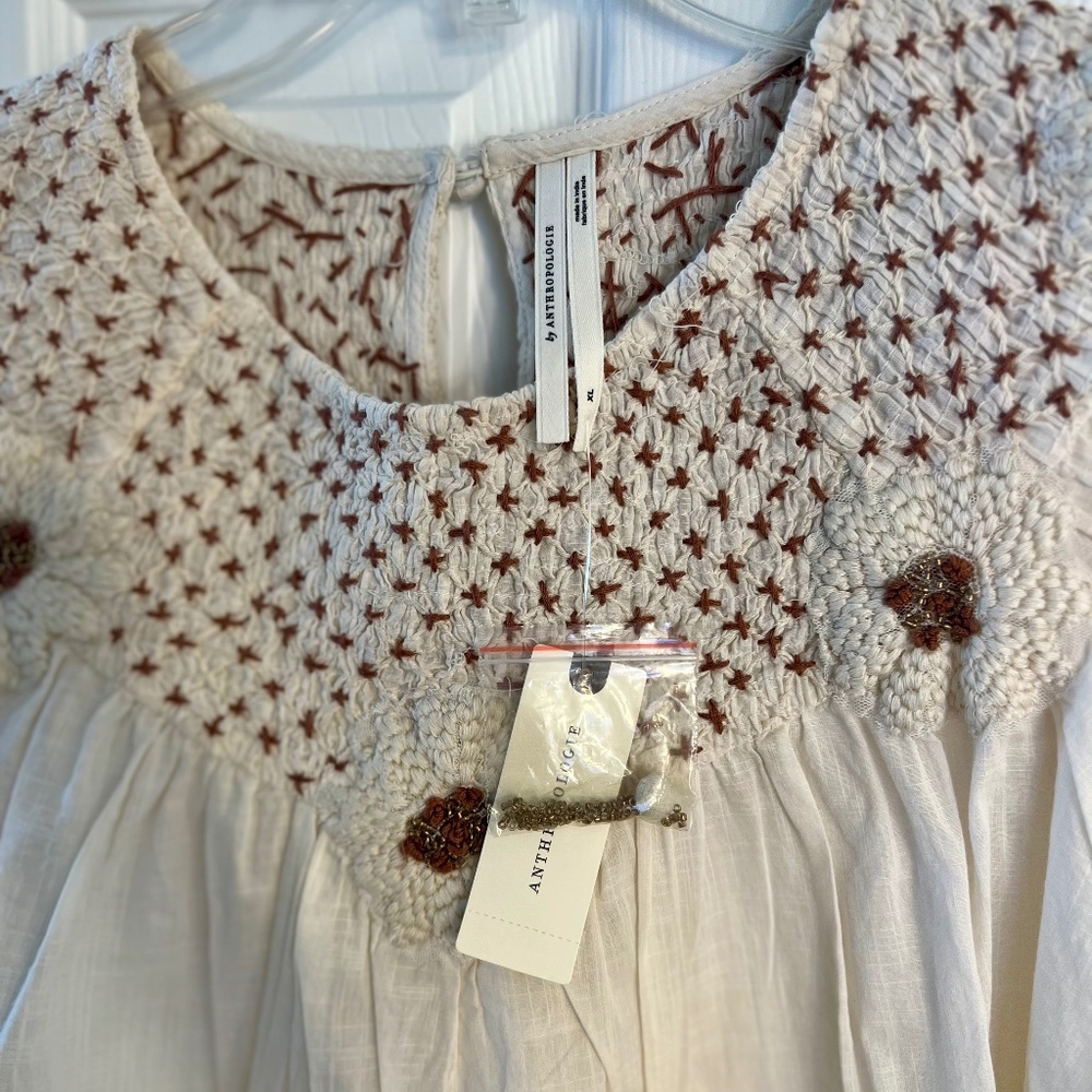 Anthropologie Embroidered Beaded Flowy Cream/Ivory Top - XL- NWT